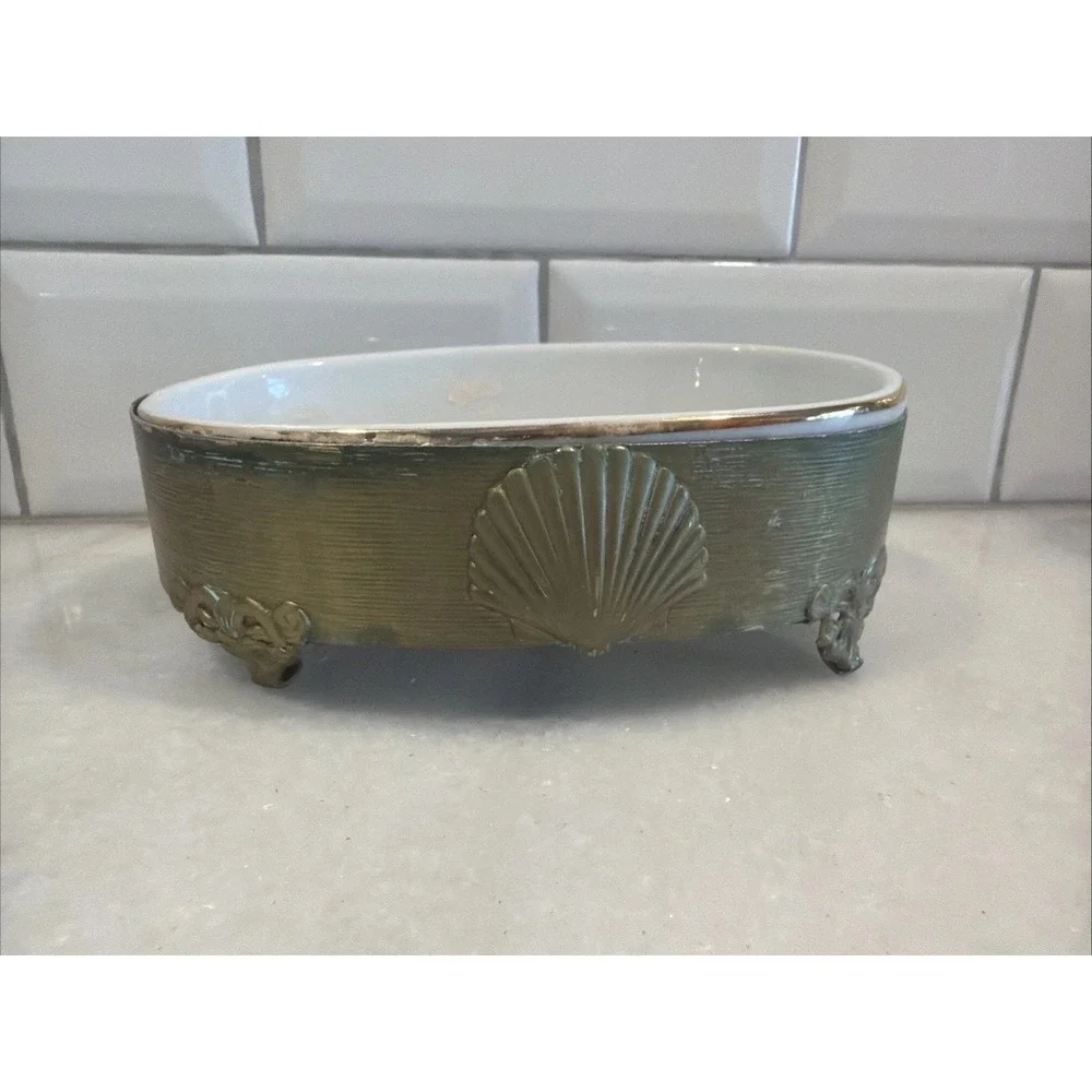 Oval Brass With Shell Detail White Soap Dish Tray 5 3/4x2x3 3/4 In ES001
